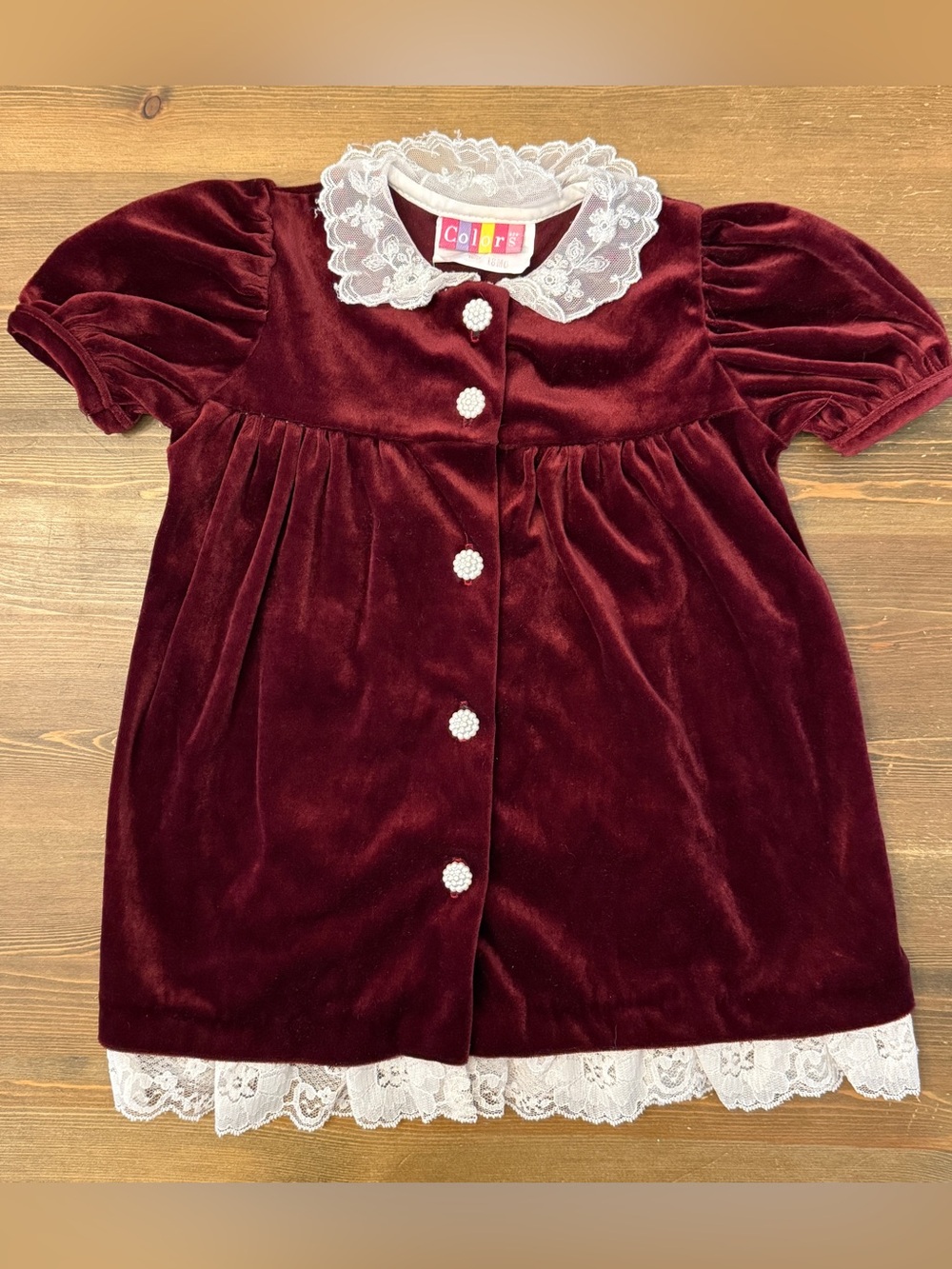 Vintage Toddler Burgundy Velour Velvet Dress Cluster Buttons and Lace (18M)